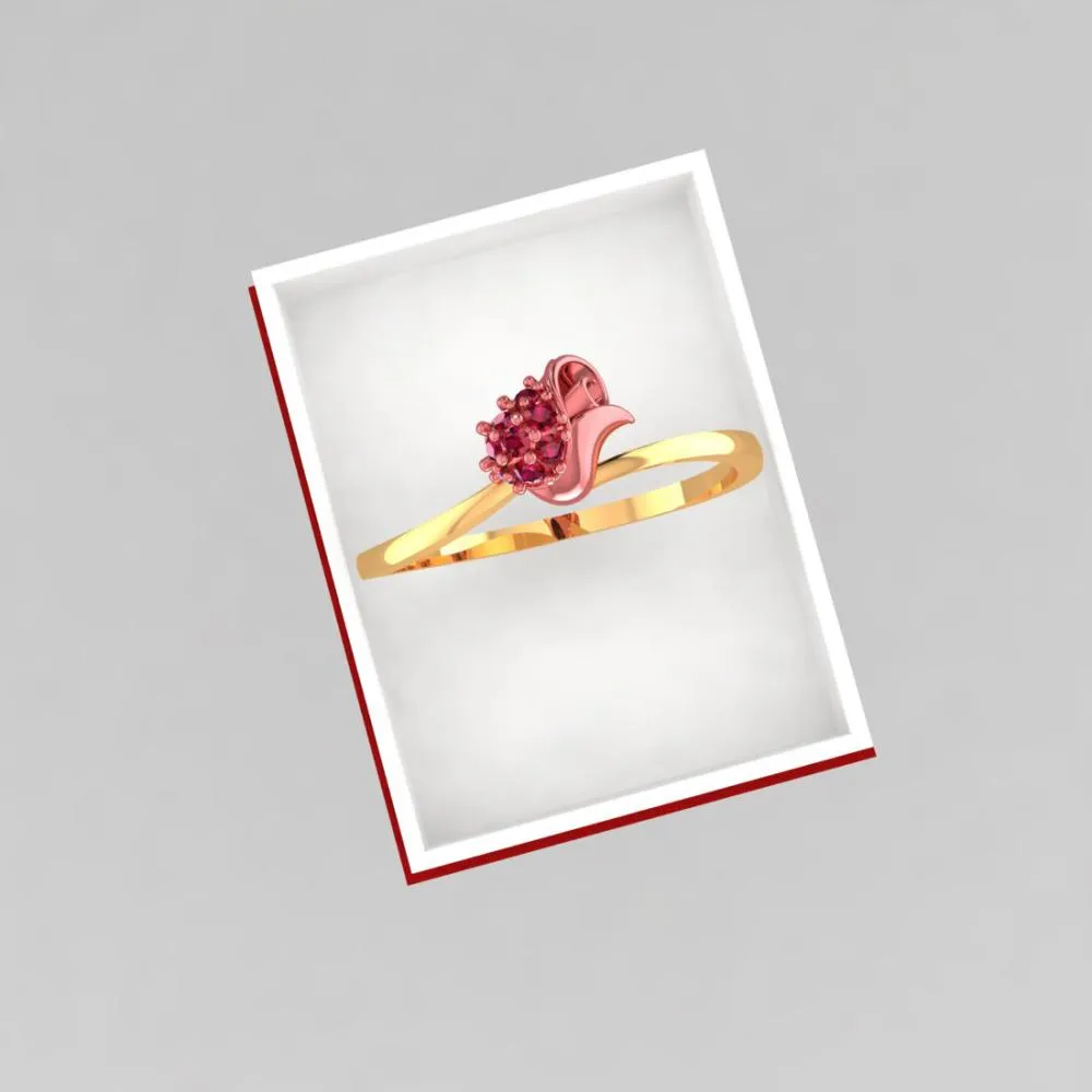 14k Gold Ring With A Yellow Motif Adorned With Red Stones