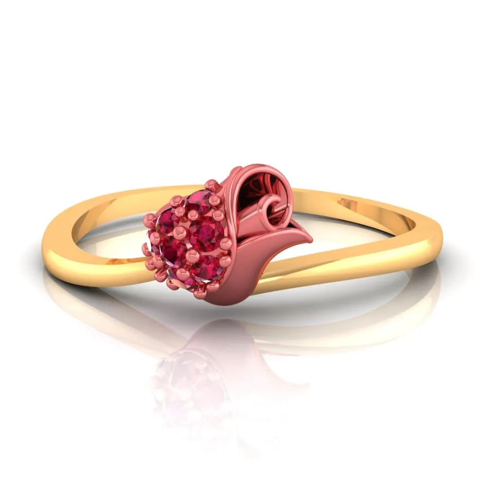 14k Gold Ring With A Yellow Motif Adorned With Red Stones