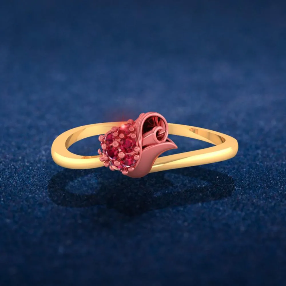 14k Gold Ring With A Yellow Motif Adorned With Red Stones