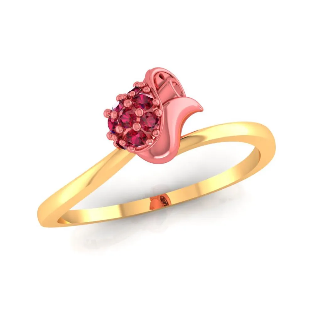 14k Gold Ring With A Yellow Motif Adorned With Red Stones