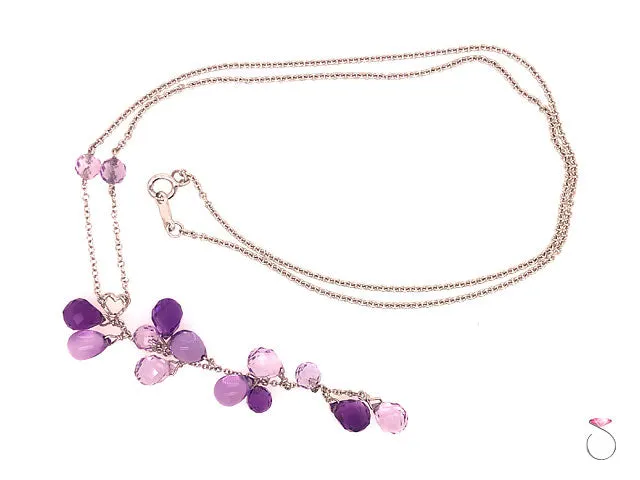 14K White Gold Briolette Cut Amethyst Cluster Chain Necklace With Heart Motif
