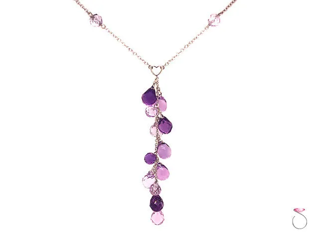 14K White Gold Briolette Cut Amethyst Cluster Chain Necklace With Heart Motif