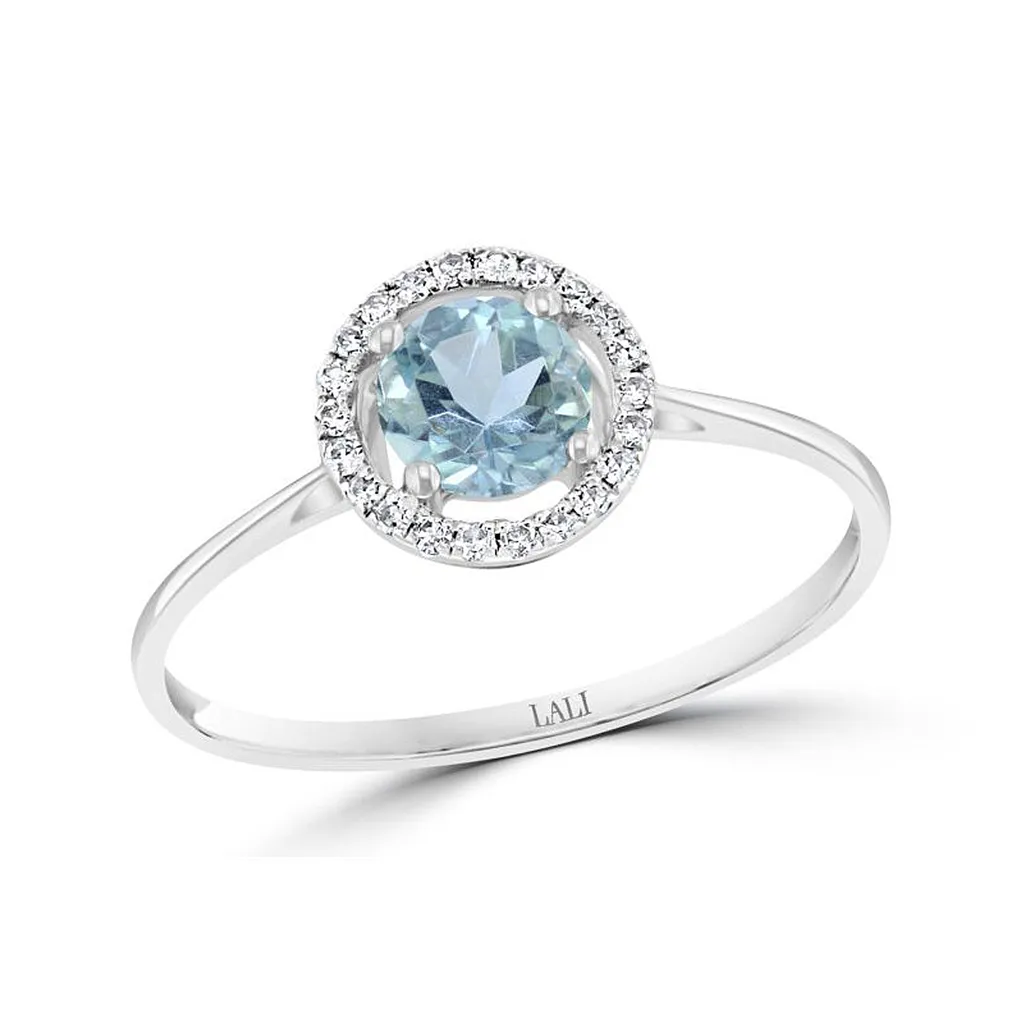 14K White Gold Round Aquamarine Halo Ring