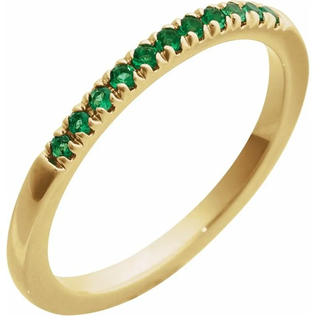 14K Yellow Gold May Birthstone Round Lab Grown Emeralds Band Ring