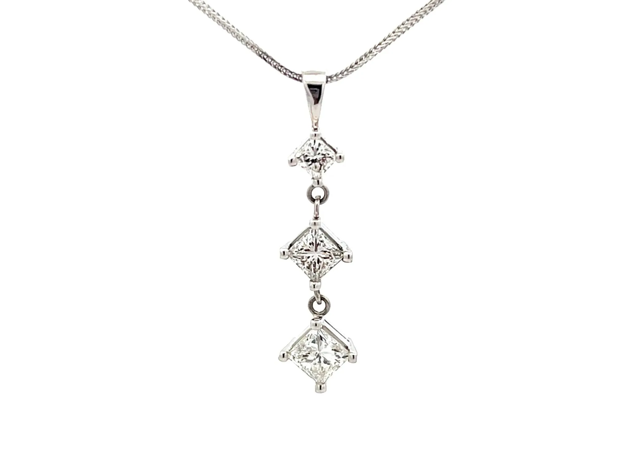 1.5 Carat Three Princess Cut Diamond Drop Necklace in 14k White Gold