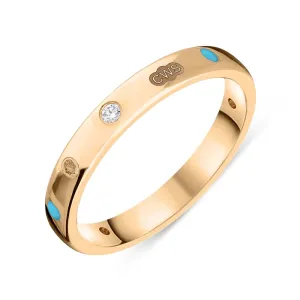 18ct Rose Gold 0.06ct Diamond Turquoise King's Coronation Hallmark 3mm Ring D