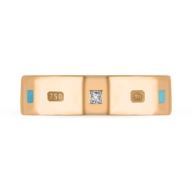 18ct Rose Gold Turquoise 0.18ct Diamond Queen's Jubilee Hallmark Princess Cut 6mm Ring D