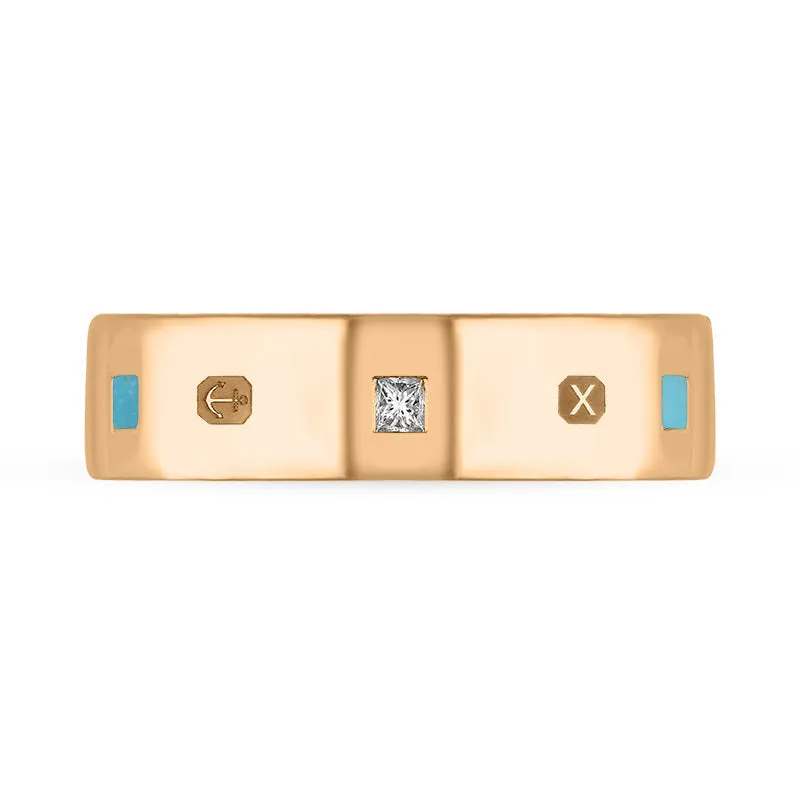 18ct Rose Gold Turquoise 0.18ct Diamond Queen's Jubilee Hallmark Princess Cut 6mm Ring D
