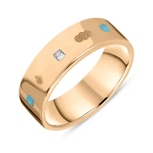 18ct Rose Gold Turquoise 0.18ct Diamond Queen's Jubilee Hallmark Princess Cut 6mm Ring D