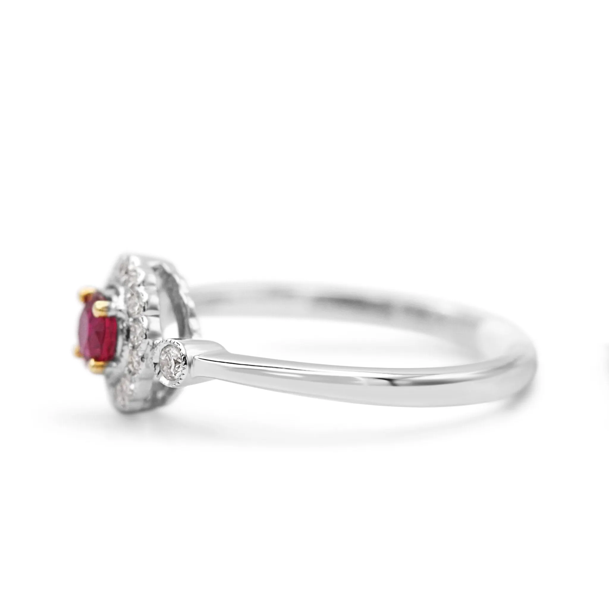 18ct White Gold Diamond & Ruby Cluster Ring, Diamond Shoulders
