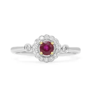 18ct White Gold Diamond & Ruby Cluster Ring, Diamond Shoulders