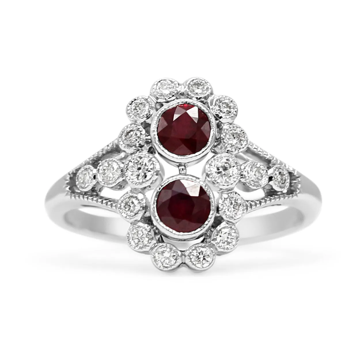 18ct White Gold Diamond & Ruby Ring, Diamond Shoulders