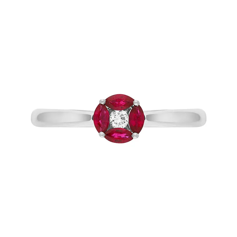 18ct White Gold Ruby Diamond Marquise Stone Round Cluster Ring