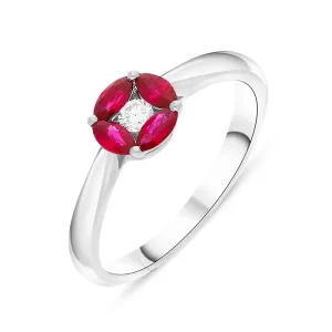 18ct White Gold Ruby Diamond Marquise Stone Round Cluster Ring