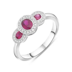 18ct White Gold Ruby Diamond Pave Triple Cluster Ring