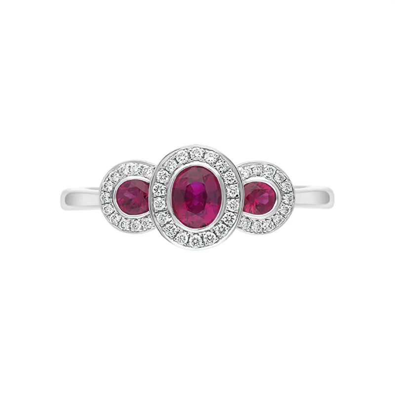 18ct White Gold Ruby Diamond Pave Triple Cluster Ring