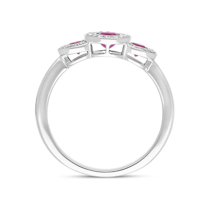 18ct White Gold Ruby Diamond Pave Triple Cluster Ring