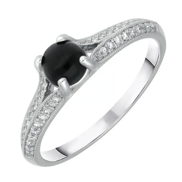 18ct White Gold Whitby Jet 0.15ct Diamond Claw Set Centre Ring