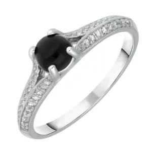 18ct White Gold Whitby Jet 0.15ct Diamond Claw Set Centre Ring