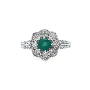 18K White Gold Emerald & Diamond  Flower Ring