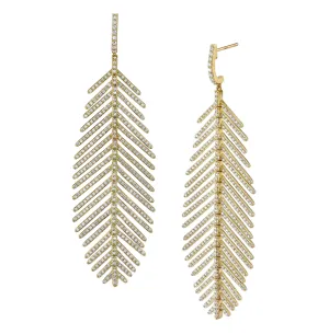18k Yellow Gold Diamond Feather Drop Earrings