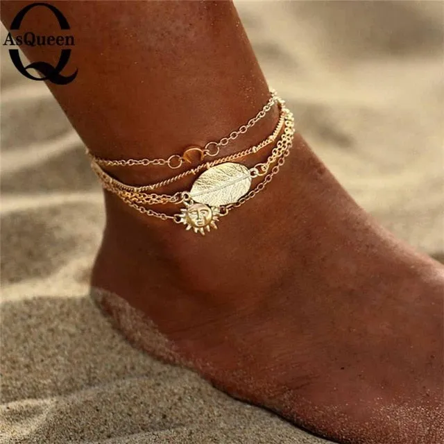 3PCS/Set Bohemian Eagle Sequins Anklets For Women Fashion Gold Color Bracelet Anklet on the Leg Beach Foot Accessories Wholesale
