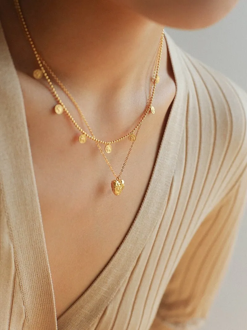 925 Silver Stacked Relief Mini Gold Coin Pendant Beaded Chain Necklace