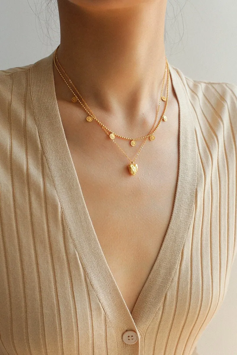 925 Silver Stacked Relief Mini Gold Coin Pendant Beaded Chain Necklace