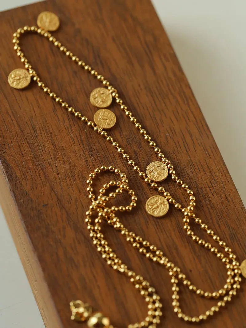 925 Silver Stacked Relief Mini Gold Coin Pendant Beaded Chain Necklace