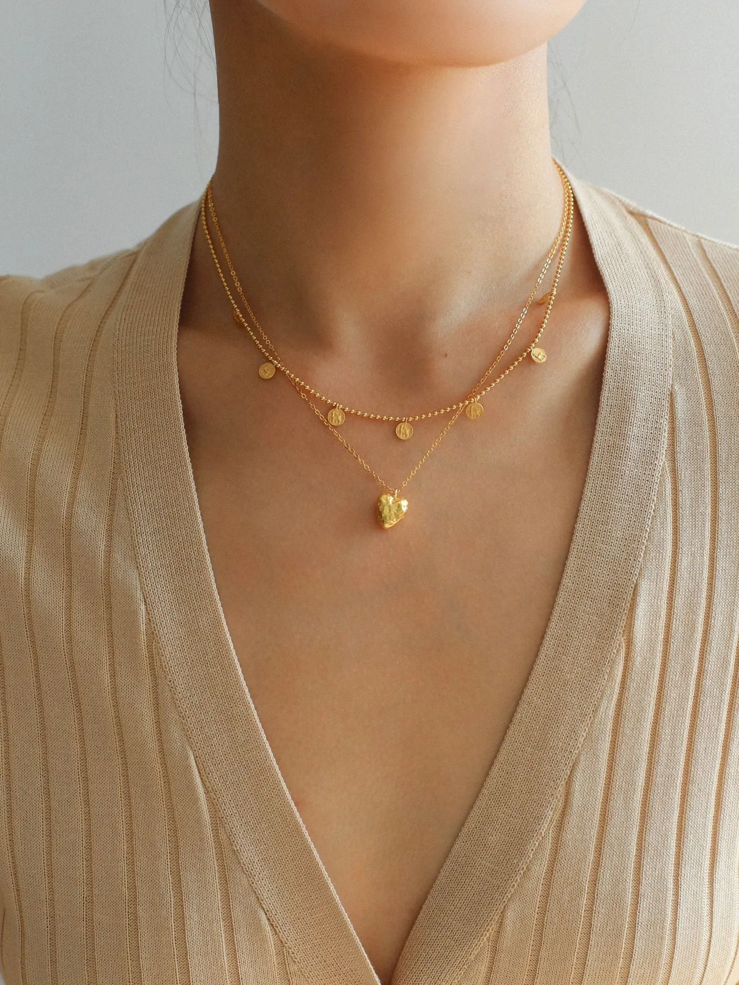 925 Silver Stacked Relief Mini Gold Coin Pendant Beaded Chain Necklace