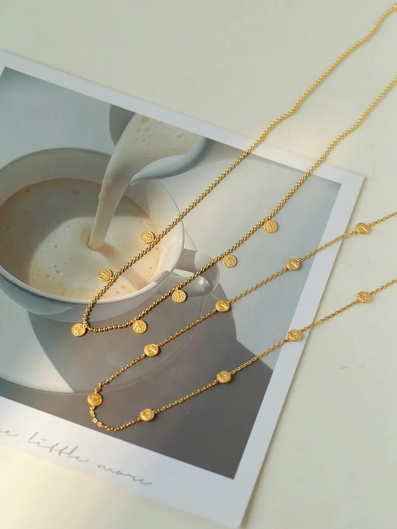 925 Silver Stacked Relief Mini Gold Coin Pendant Beaded Chain Necklace