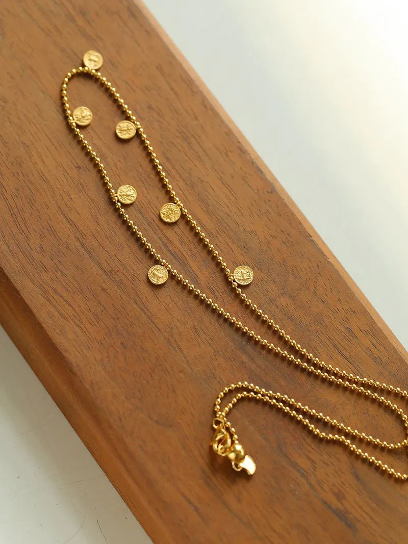 925 Silver Stacked Relief Mini Gold Coin Pendant Beaded Chain Necklace