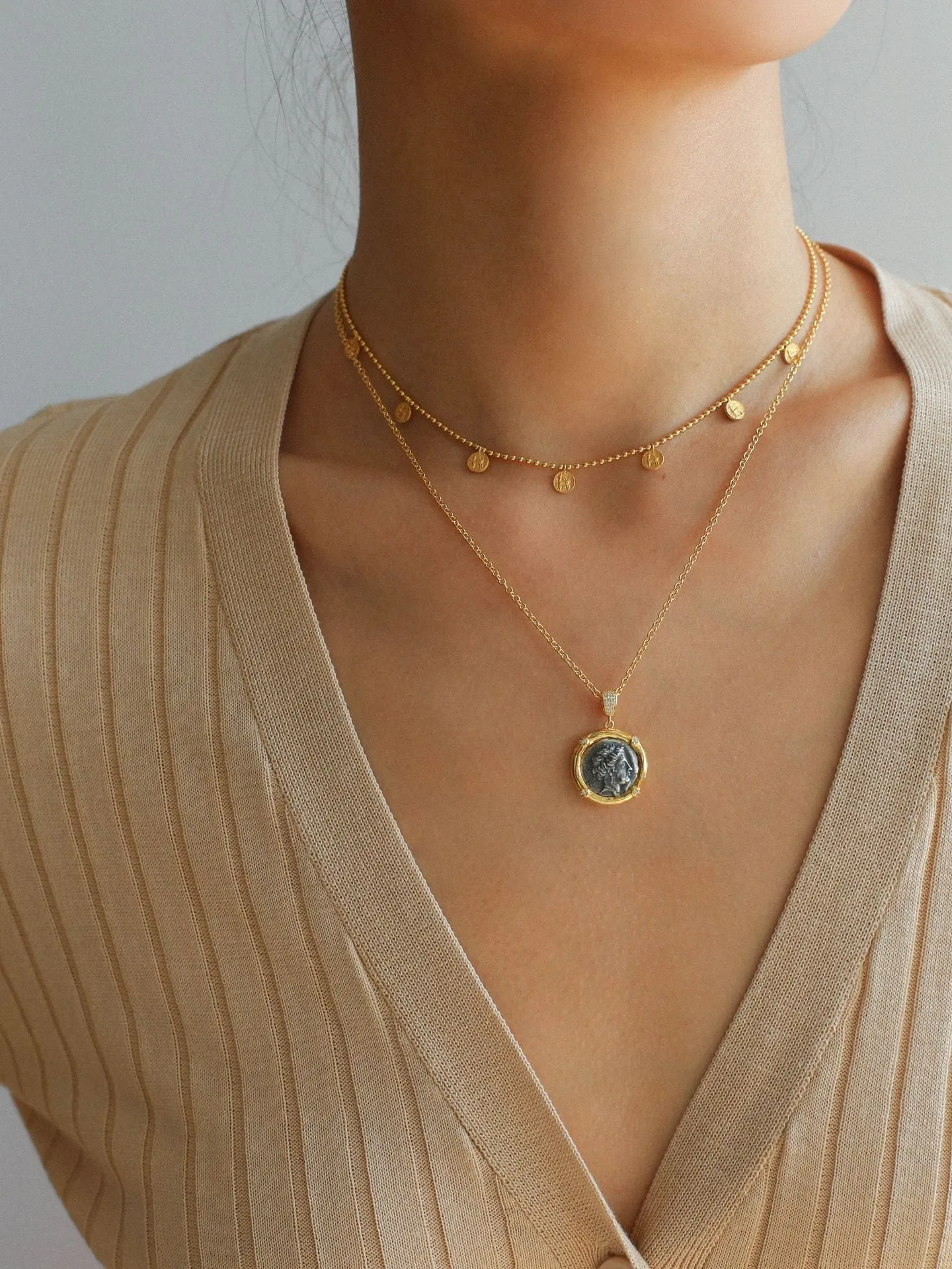 925 Silver Stacked Relief Mini Gold Coin Pendant Beaded Chain Necklace