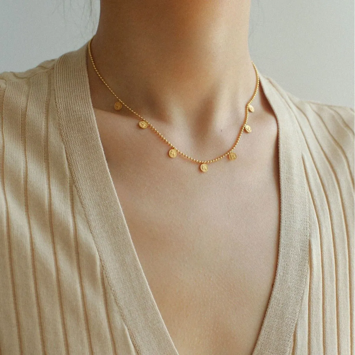 925 Silver Stacked Relief Mini Gold Coin Pendant Beaded Chain Necklace