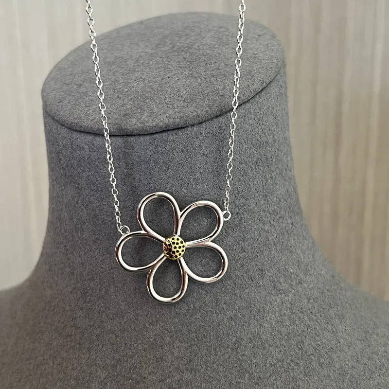 925 Sterling Silver Daisy Pendant Necklace Adjustable Chain