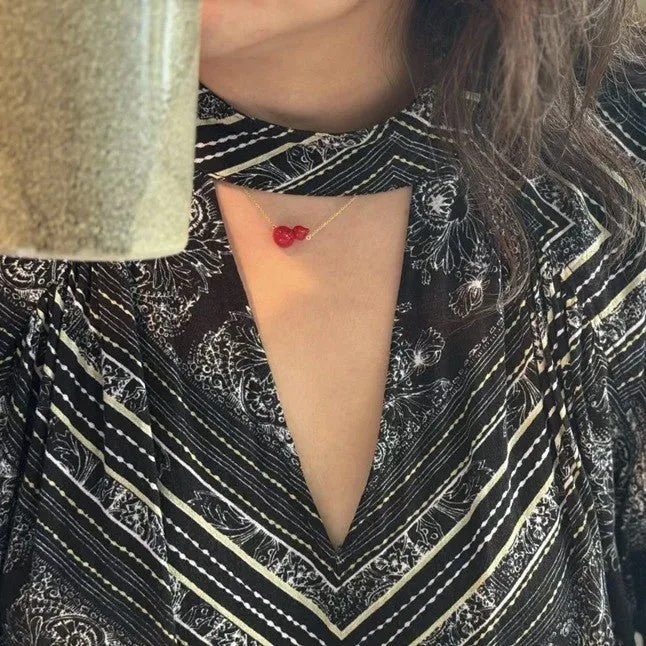 925 Sterling Silver Red Enamel Gourd Pendant Necklace Modern Chinese Minimalist Design