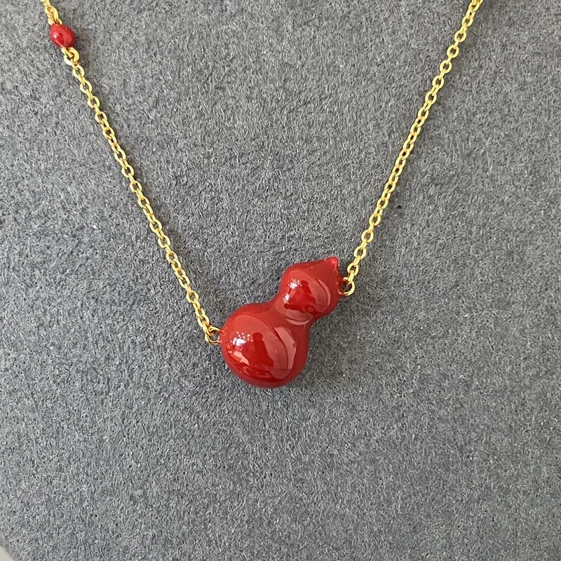 925 Sterling Silver Red Enamel Gourd Pendant Necklace Modern Chinese Minimalist Design