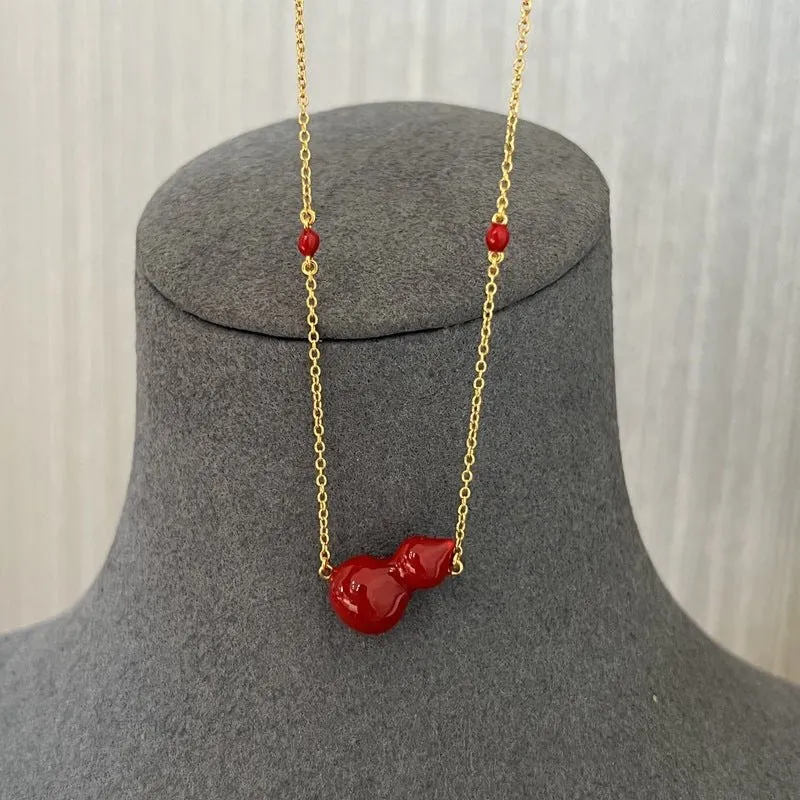 925 Sterling Silver Red Enamel Gourd Pendant Necklace Modern Chinese Minimalist Design