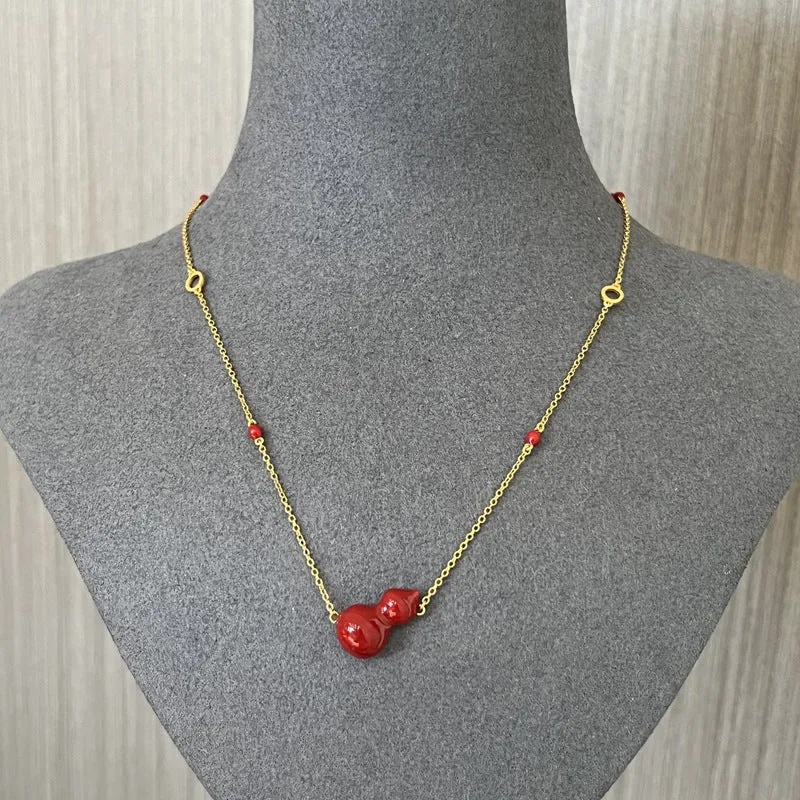 925 Sterling Silver Red Enamel Gourd Pendant Necklace Modern Chinese Minimalist Design