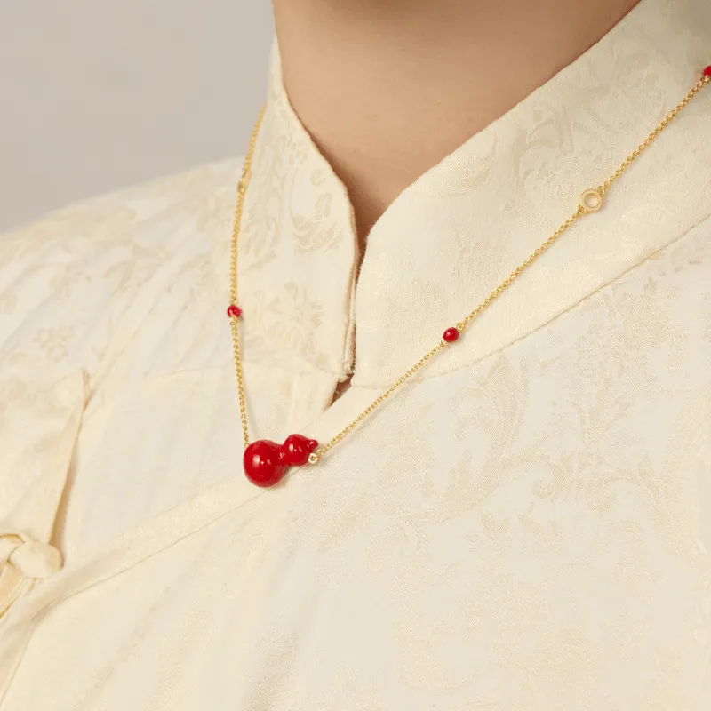 925 Sterling Silver Red Enamel Gourd Pendant Necklace Modern Chinese Minimalist Design
