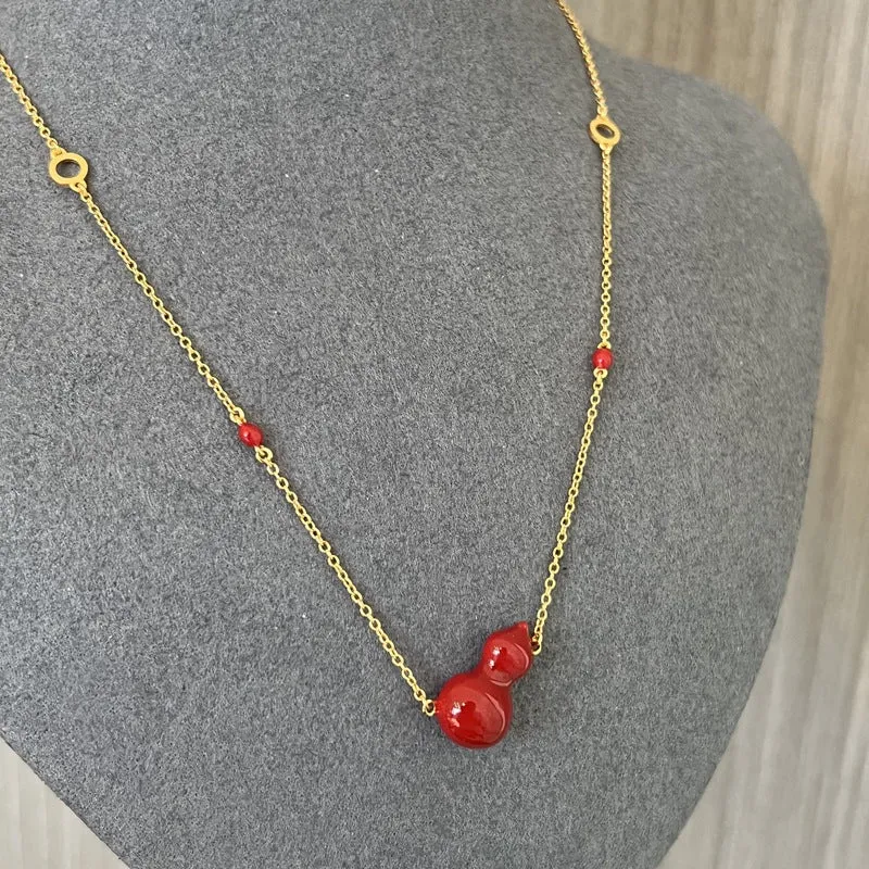 925 Sterling Silver Red Enamel Gourd Pendant Necklace Modern Chinese Minimalist Design