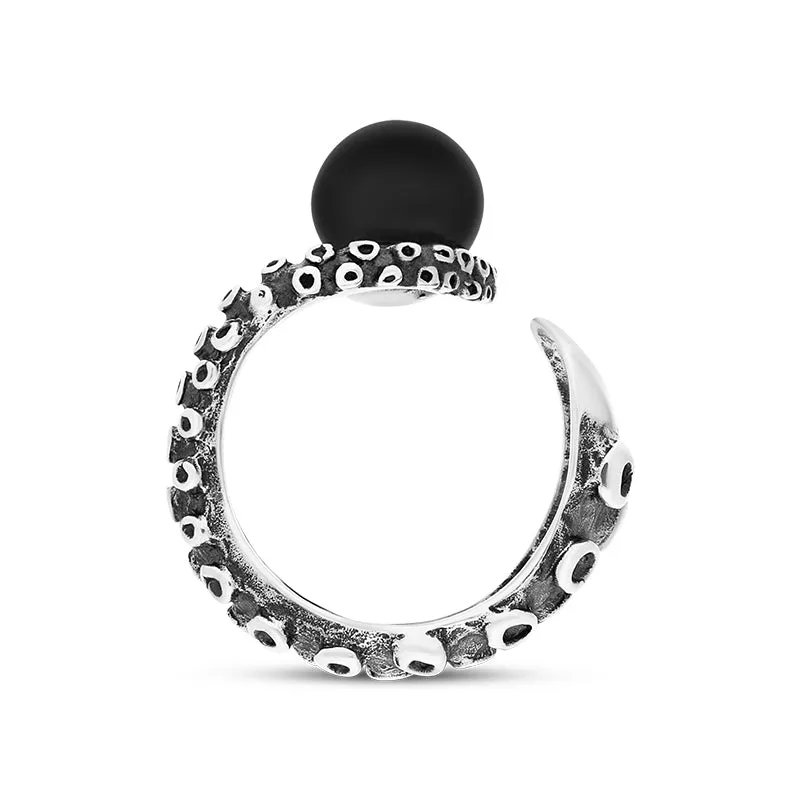 9ct White Gold Whitby Jet Bead Swirl Tentacle Ring