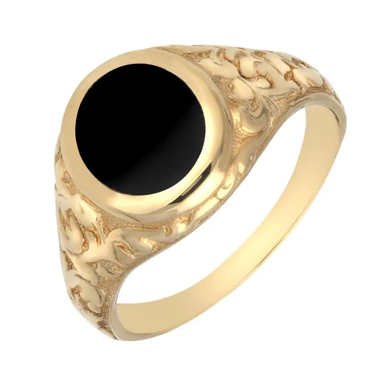 9ct Yellow Gold Whitby Jet Carved Shoulder Oval Signet Ring