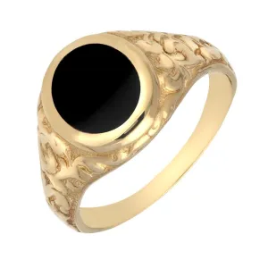9ct Yellow Gold Whitby Jet Carved Shoulder Oval Signet Ring