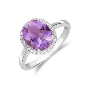 9K White Gold Amethyst & Diamond Halo Ring