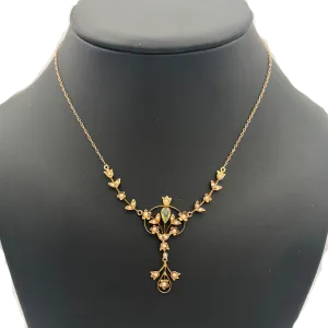 Antique Edwardian 14k yellow gold Peridot and Seed Pearl Lavalier