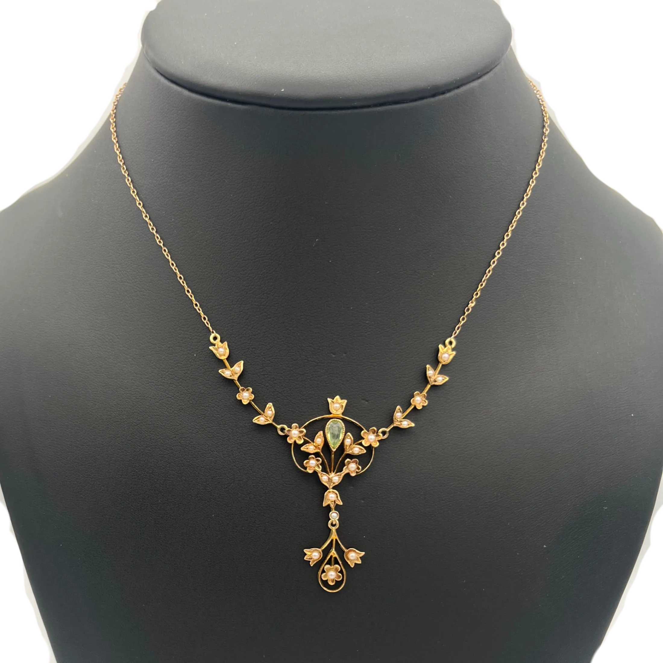 Antique Edwardian 14k yellow gold Peridot and Seed Pearl Lavalier