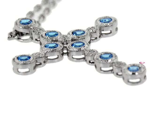 Aquamarine Diamond Cross Pendant Gucci Chain in 14K
