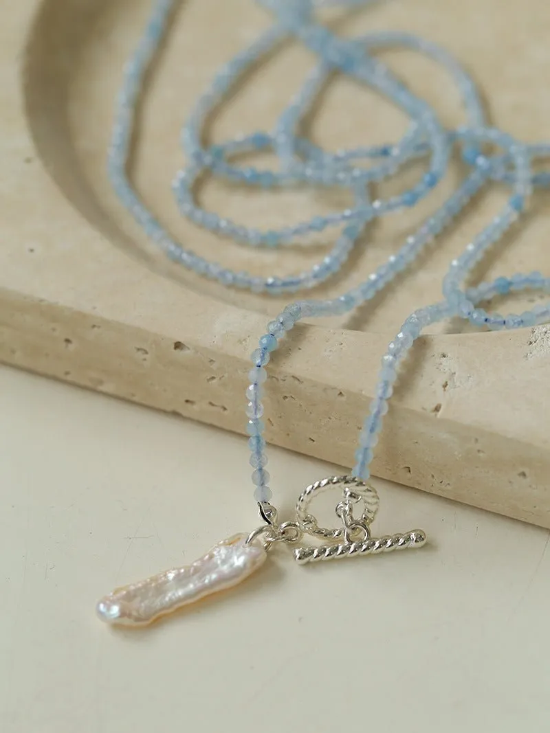 Aquamarine Toothpick Baroque Pearl OT Clasp Pendant Necklace