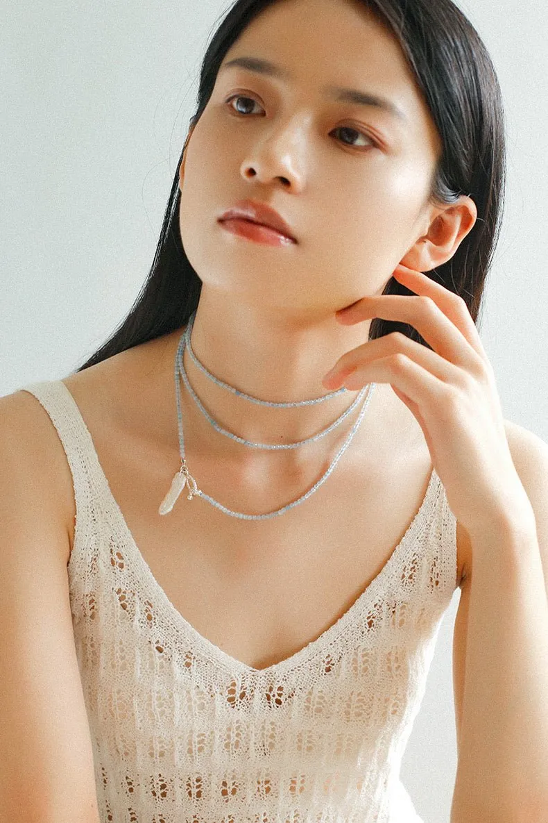 Aquamarine Toothpick Baroque Pearl OT Clasp Pendant Necklace